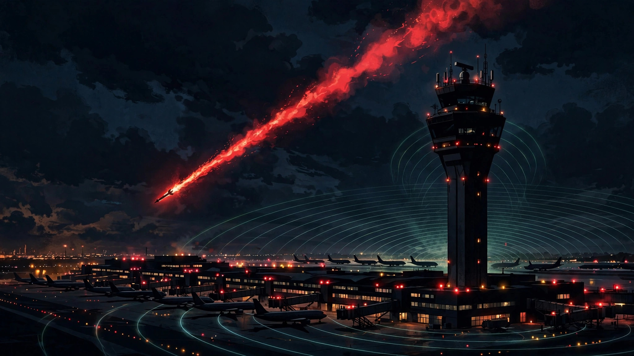 Ilustración editorial nocturna: la torre de control de un aeropuerto en silueta, una estela de misil cruzando el cielo con rastro rojo y aviones en tierra como sombras oscuras