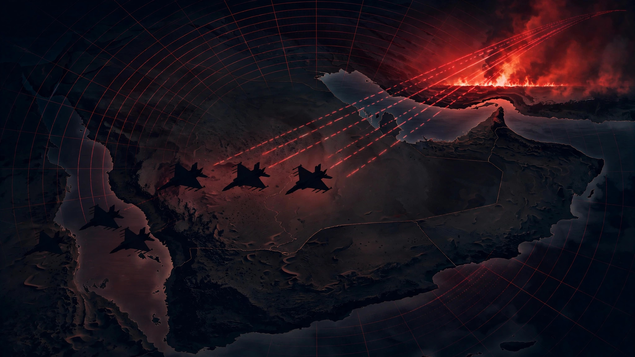 Imagen editorial simbólica: siluetas de cazas sobre el desierto de noche con trayectorias de misiles y un mapa de radar en tonos oscuros y rojo