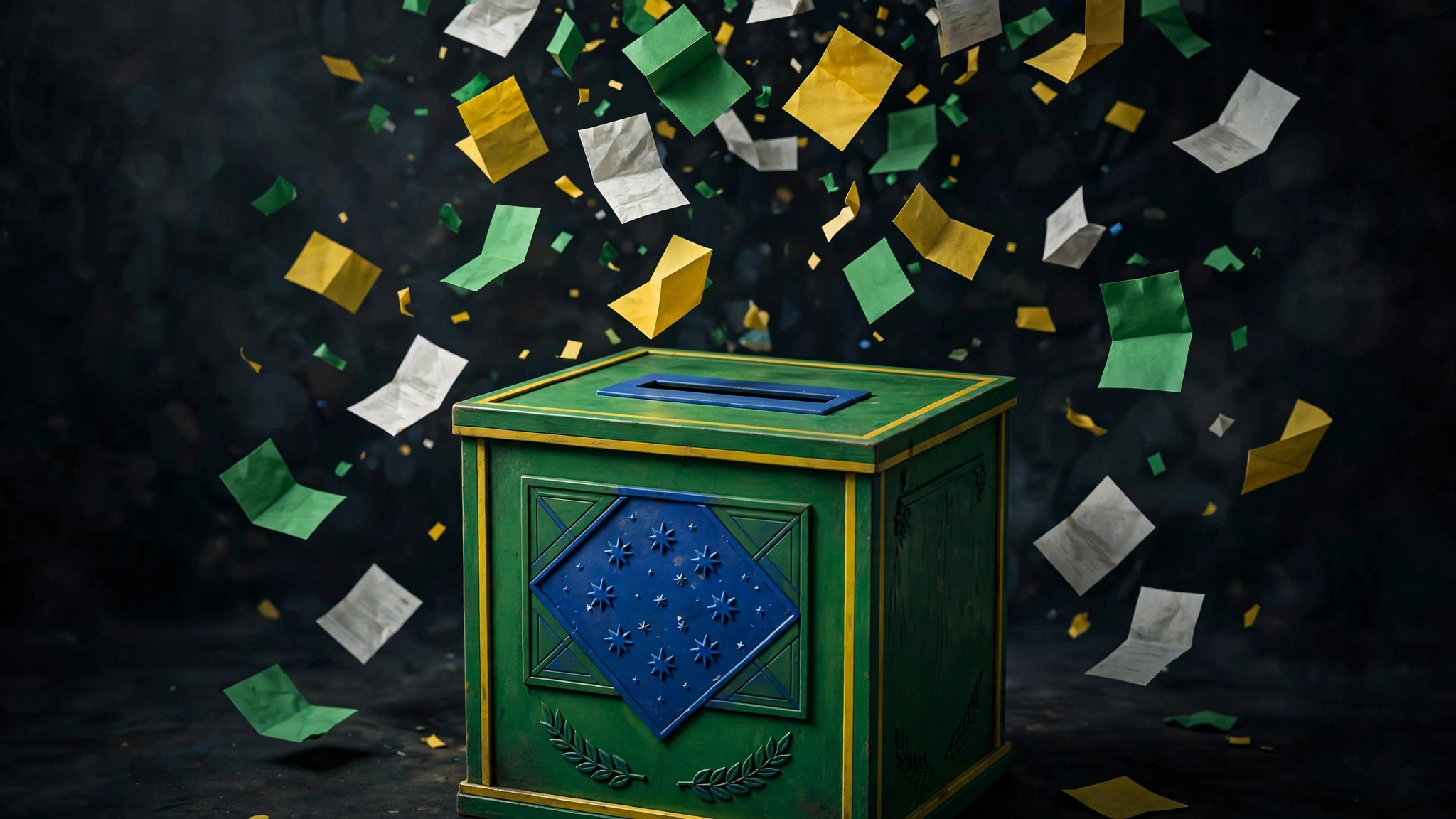 Urna electrónica y bandera de Brasil en un centro de votación durante la jornada electoral
