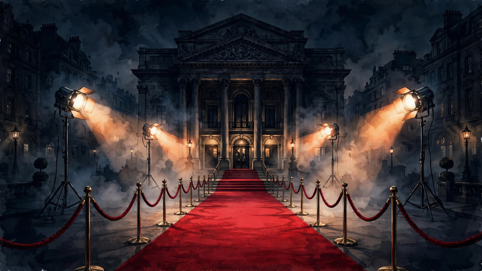 Alfombra roja nocturna frente a un teatro iluminado durante un festival de cine
