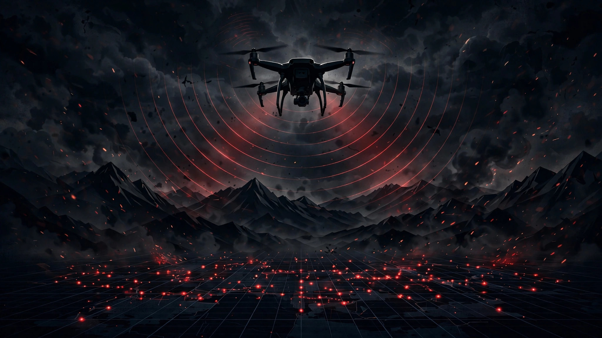 Ilustración editorial simbólica: un dron cuadricóptero en silueta sobre montañas oscuras, con ondas de radar rojas y puntos de impacto brillantes sobre un mapa abstracto, en tonos negros con acentos rojos