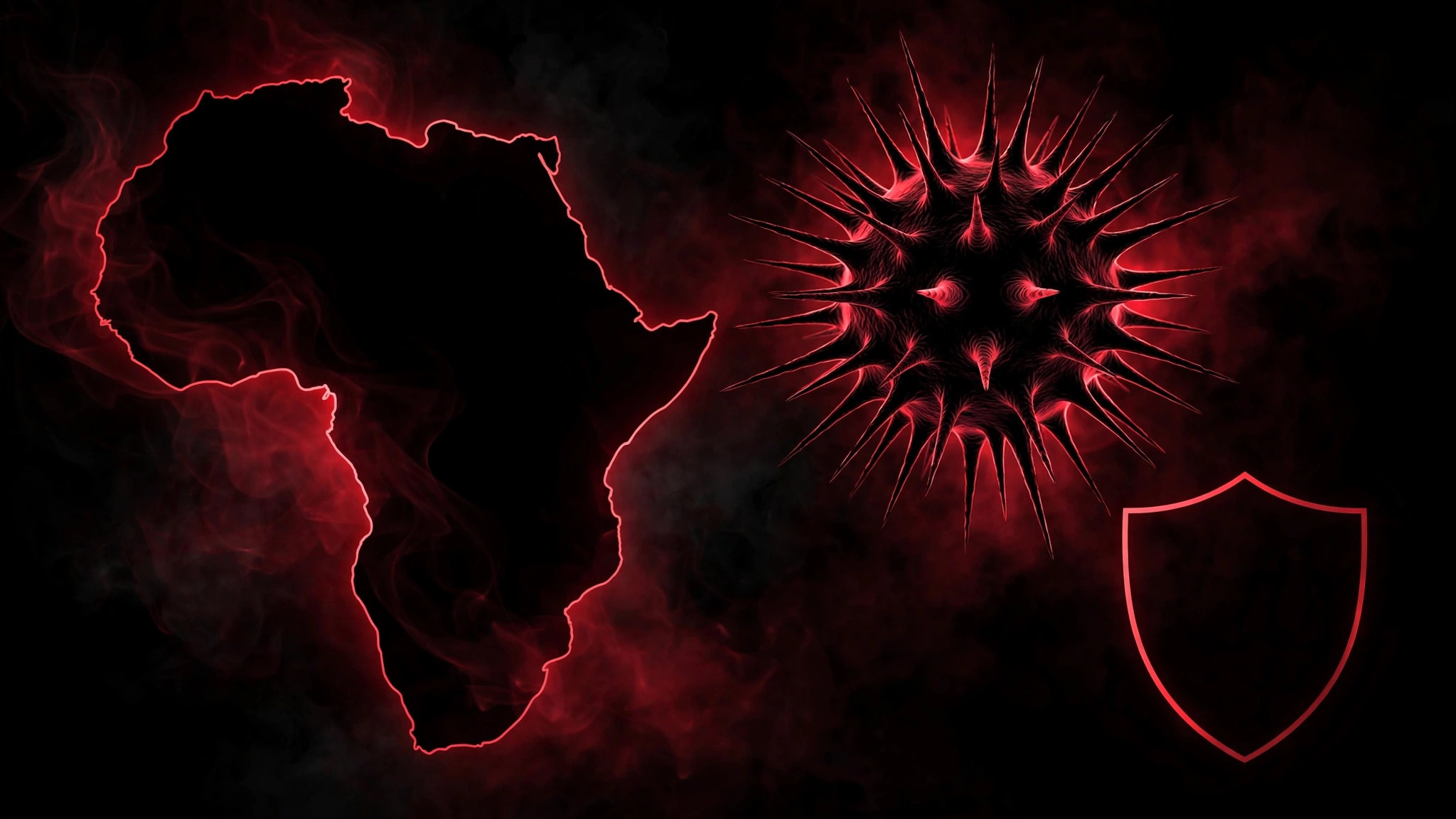 Ilustración editorial simbólica: el contorno del continente africano con una partícula de virus estilizada y una cruz médica, en tonos oscuros con acentos rojos