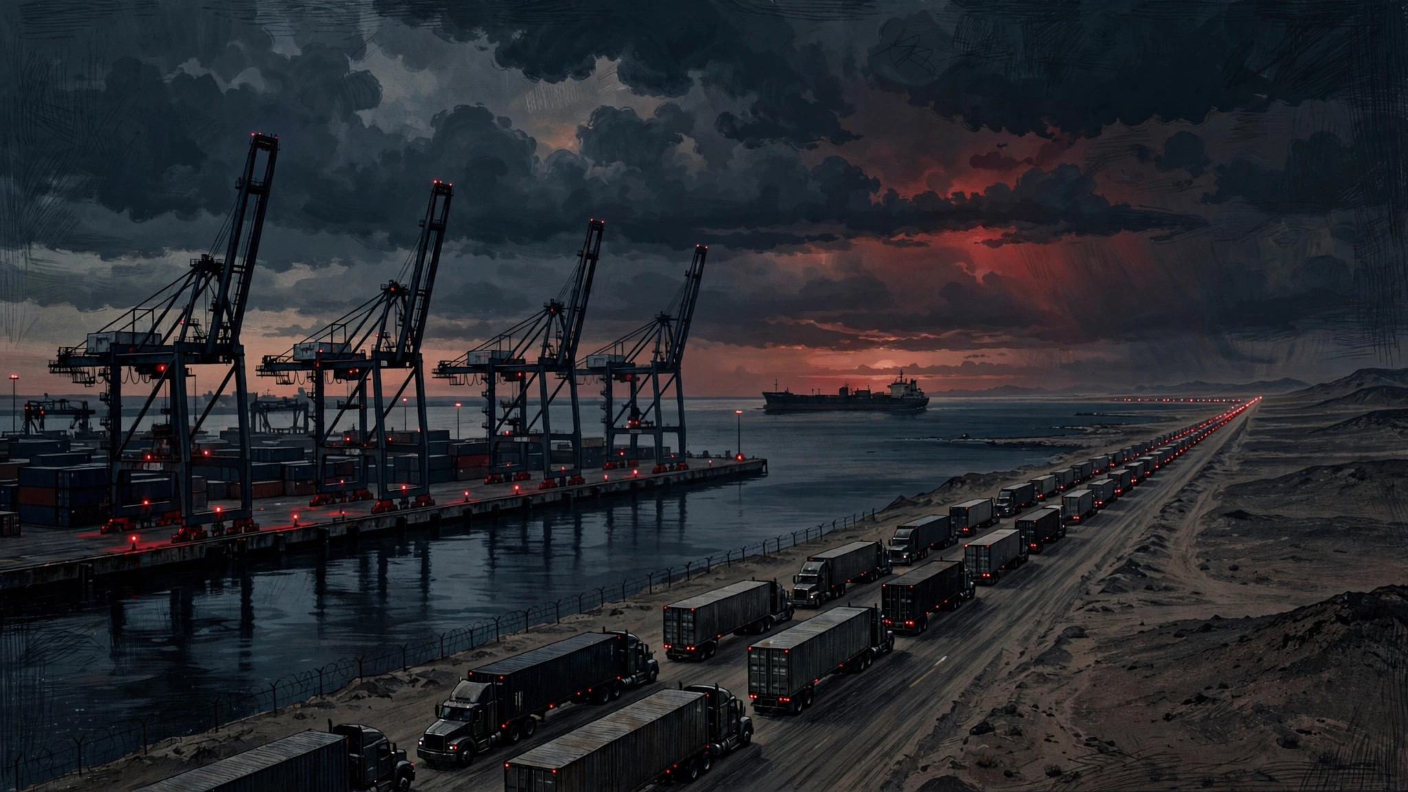Ilustración editorial simbólica: puerto marítimo inmóvil al atardecer con grúas silenciosas y una larga fila de camiones detenidos en una carretera desértica