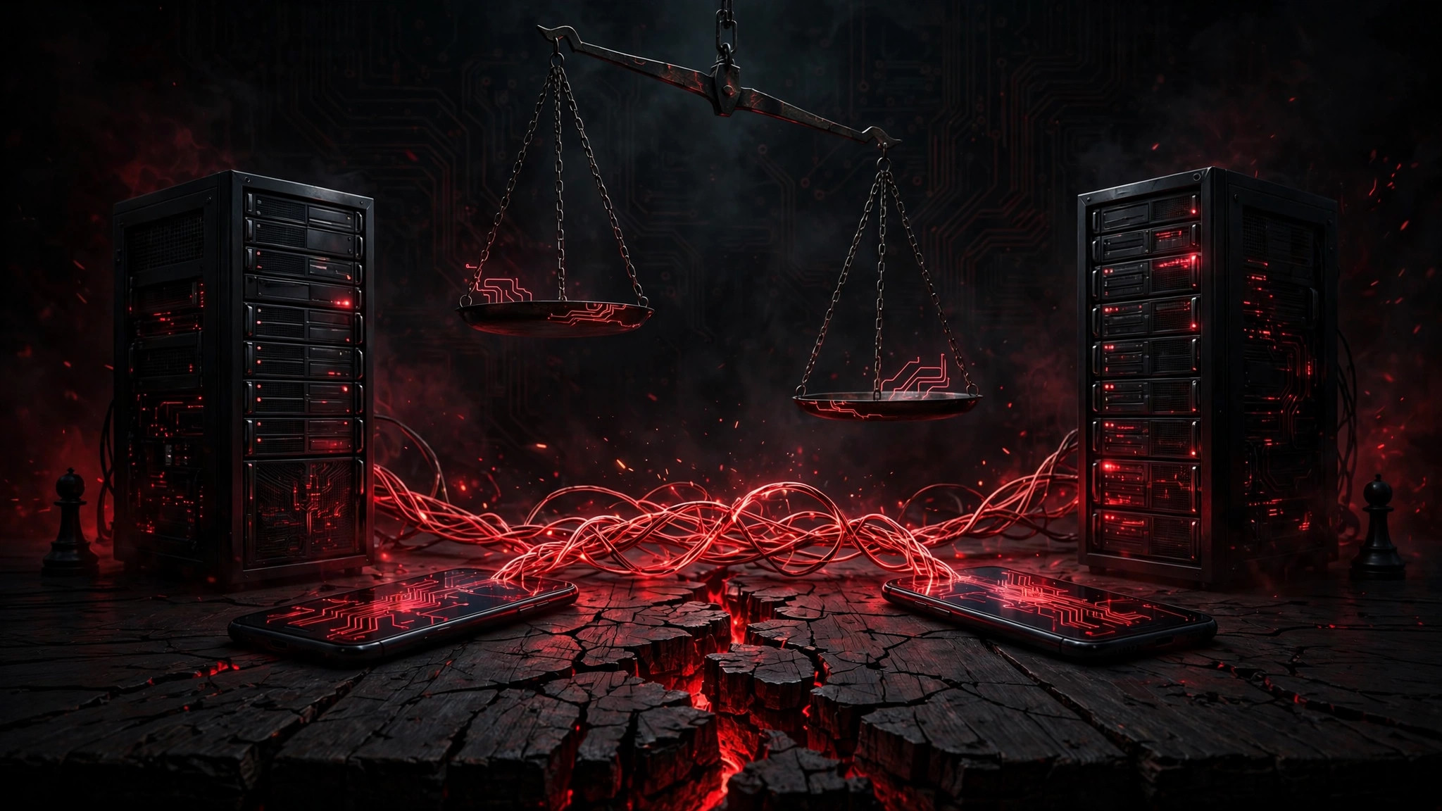 Ilustración editorial simbólica: dos torres de servidores enfrentadas unidas por circuitos rojos en tensión, con una balanza inclinada y piezas de ajedrez, en tonos negros con acentos rojos
