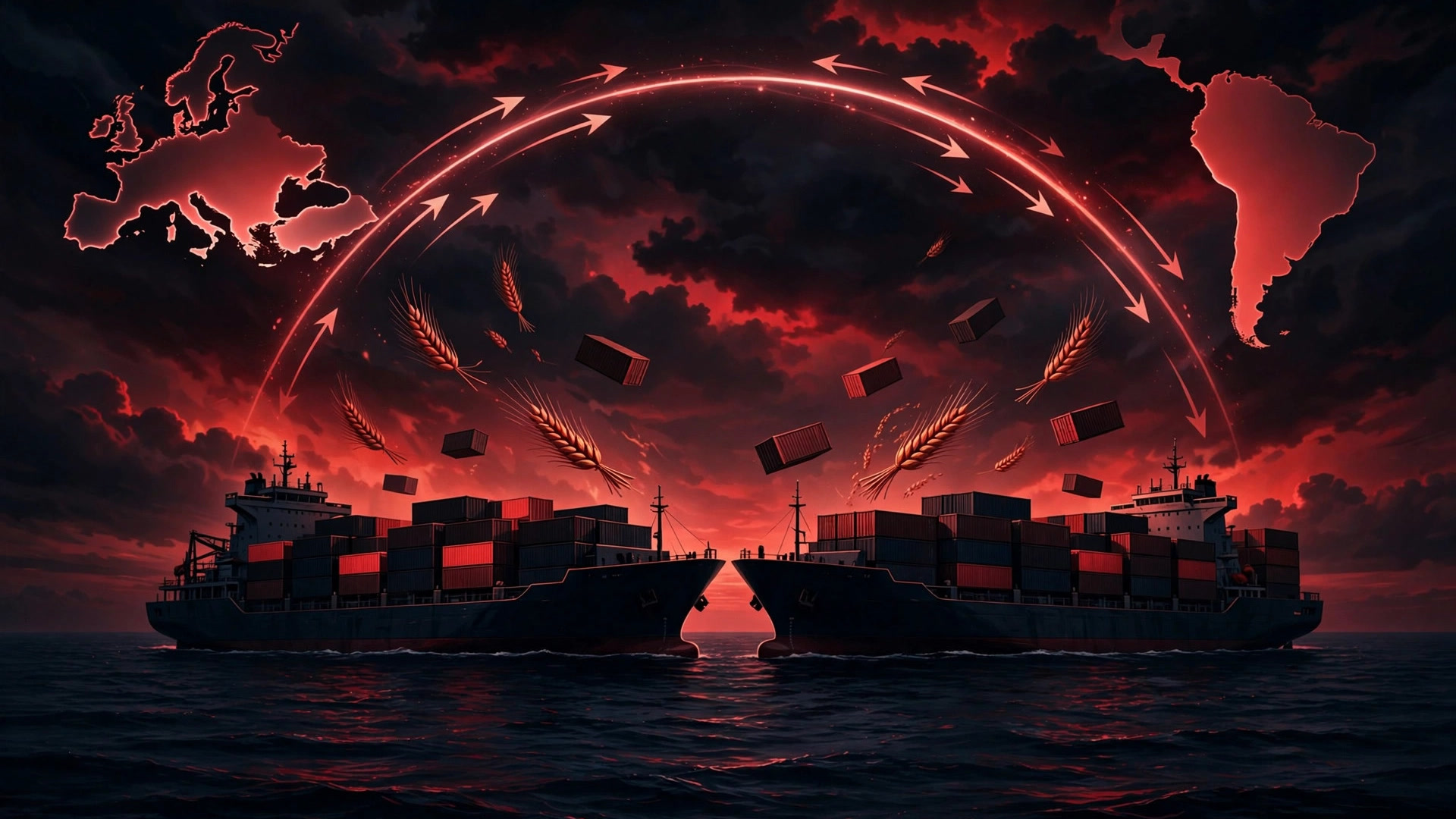 Ilustración editorial simbólica: dos buques de carga que se cruzan en un océano nocturno bajo un arco luminoso que une los perfiles de Europa y América del Sur
