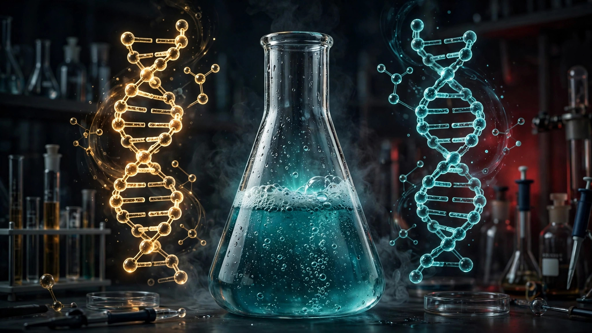 Modelo molecular en 3D mostrando dos estructuras quirales espejo en un laboratorio de química