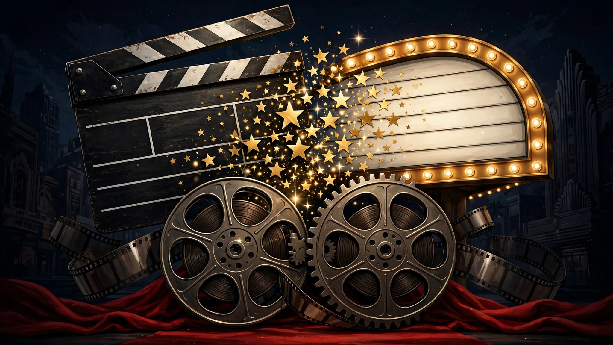 Collage editorial del paisaje de Hollywood con logotipos de estudios de cine y plataformas de streaming