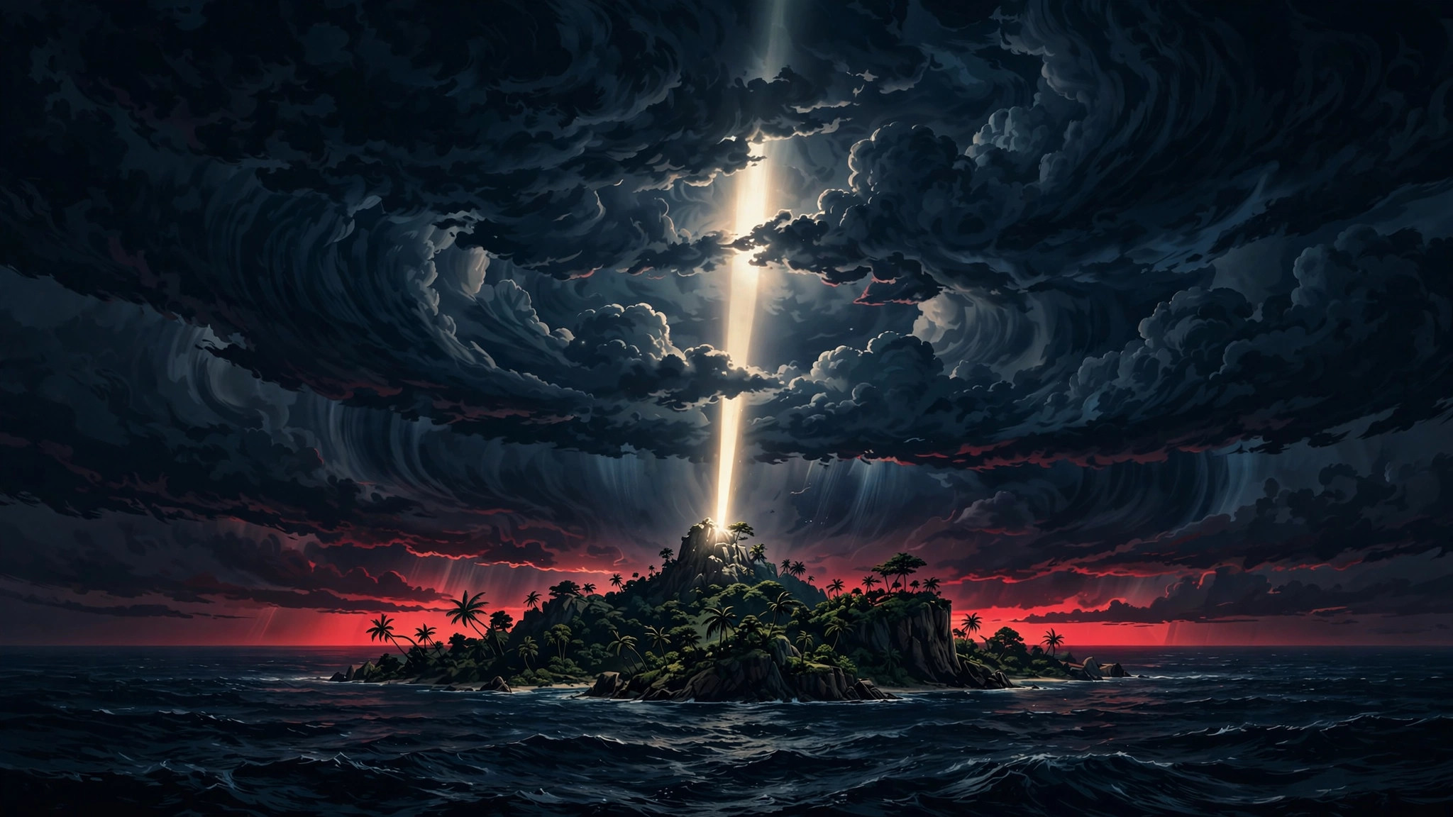 Ilustración editorial nocturna: una isla estilizada bajo un cielo tormentoso, con un haz de luz que se eleva como un faro y un resplandor rojo en el horizonte