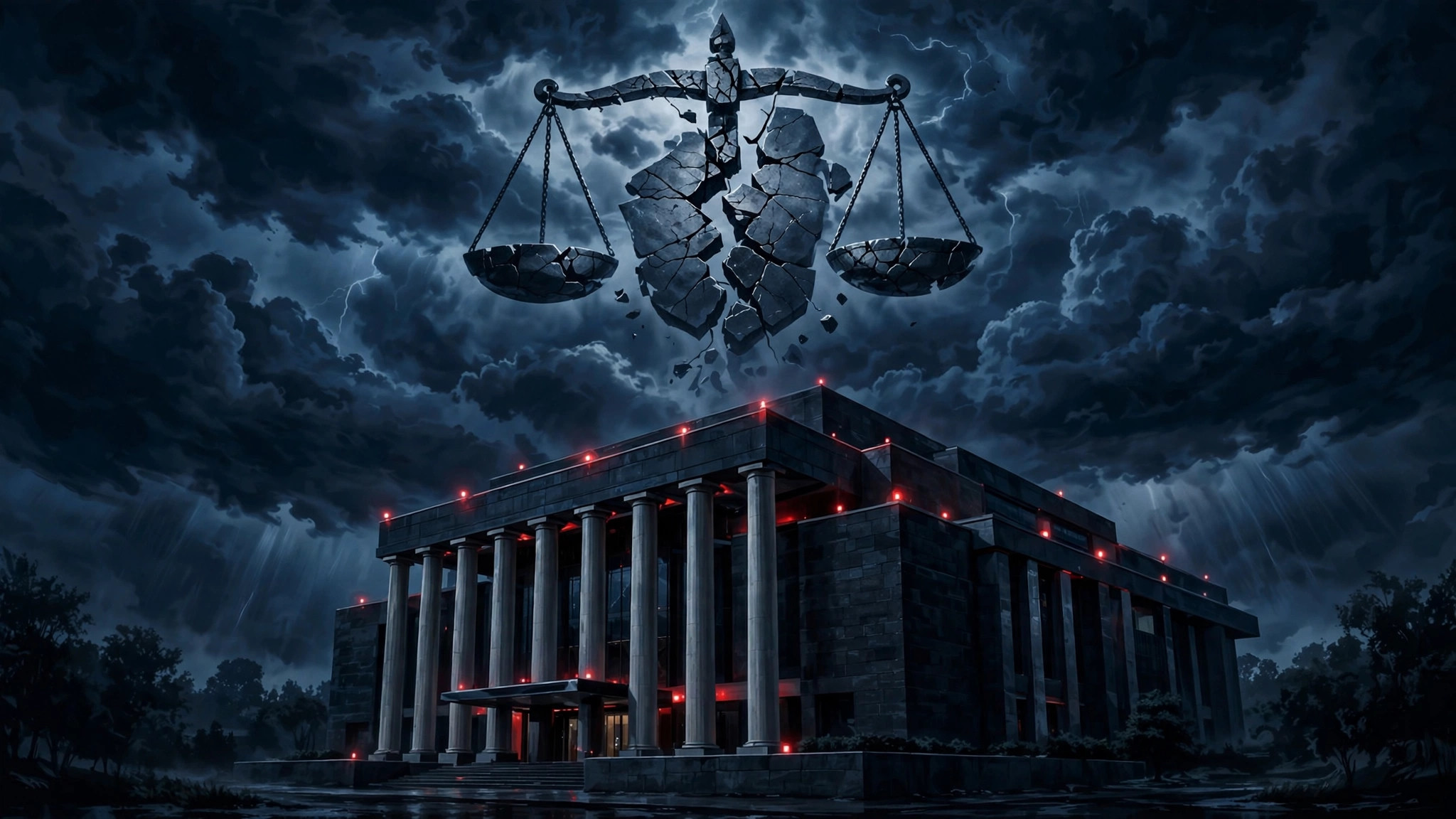 Imagen editorial simbólica: la sede de la Corte Penal Internacional en La Haya bajo un cielo nublado, con banderas de distintos países