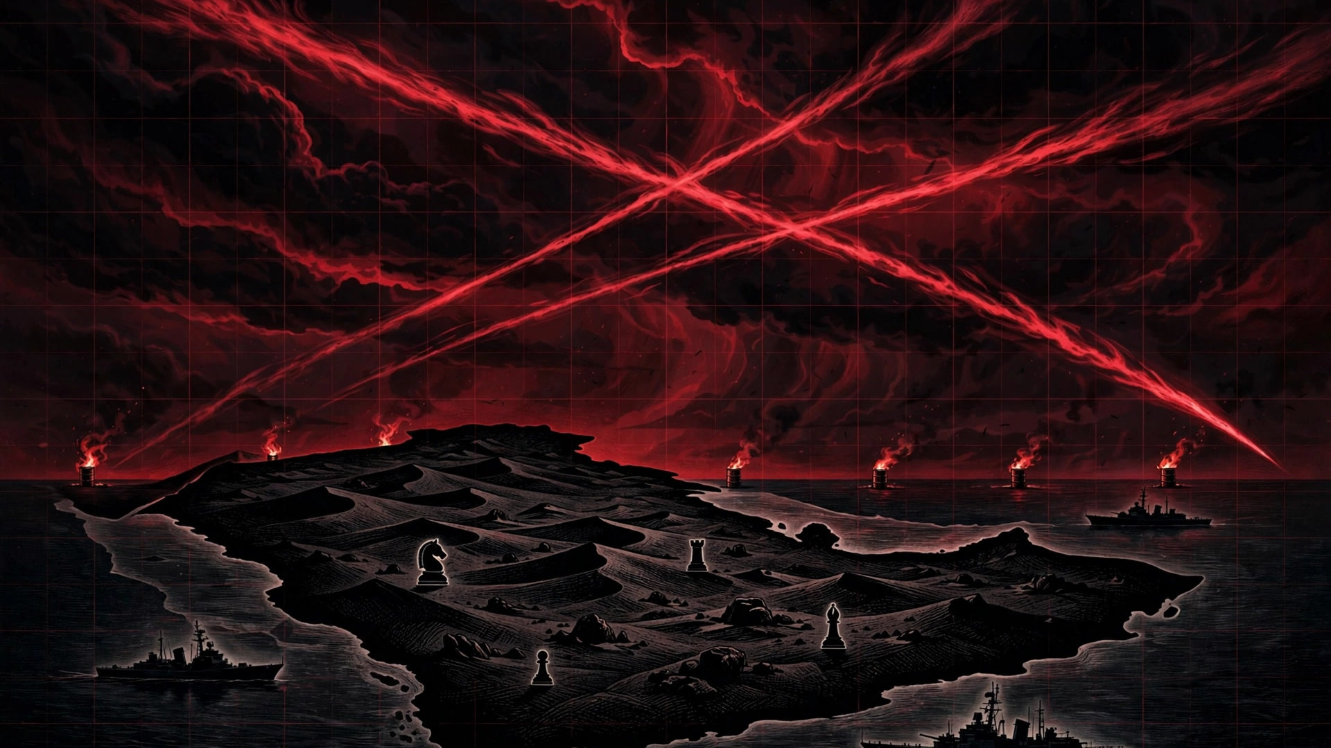 Ilustración editorial simbólica: cielo tormentoso rojo sobre un desierto de la península arábiga con estelas de cazas y siluetas de buques de guerra en el mar