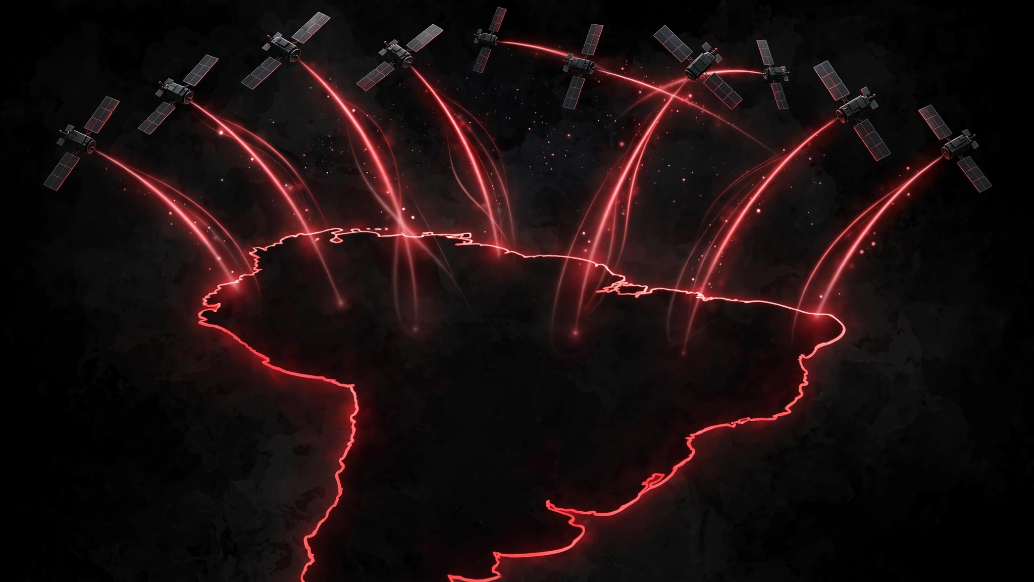 Ilustración editorial simbólica: constelación de satélites sobre el contorno de un mapa de América del Sur en tonos oscuros con acentos rojos